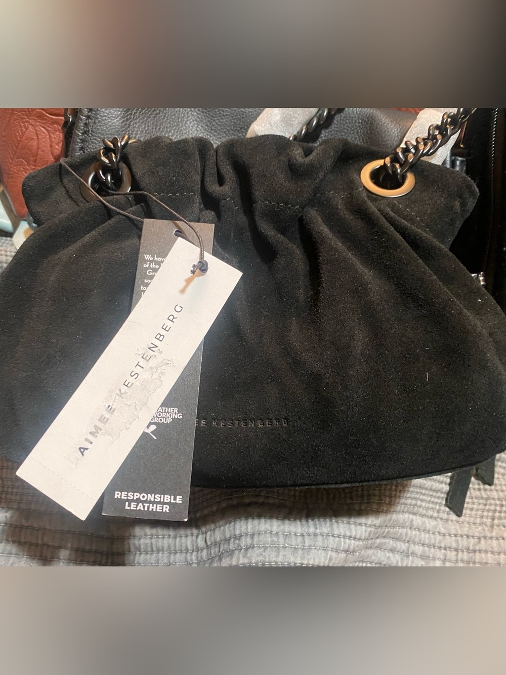 Aimee Kestenberg Black Suede Drawstring Bucket Bag with Chain Strap New w/Tags
